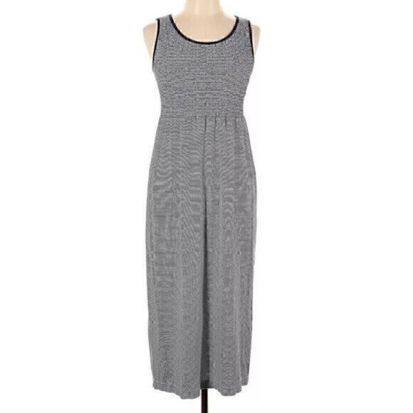 NEW NWT LARK + GREY Navy Blue White Striped Sleeveless Midi Fit Flare Tank Dress - Picture 1 of 15